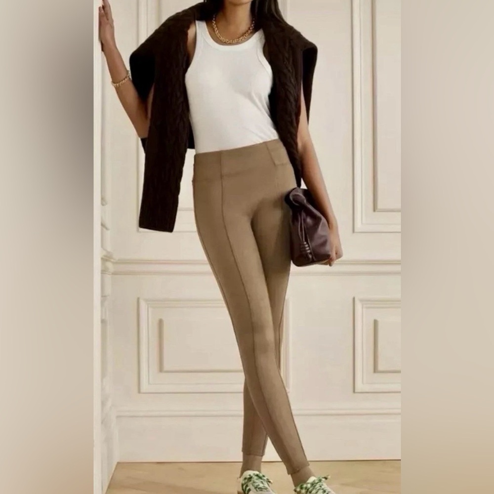 Spanx Faux Suede Ankle Legging Pants Sz L Tan High Waist Tummy Control